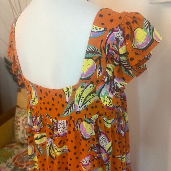 ANTHROPOLOGIE KOURT Burnt Orange Fruit & Dot Print Babydoll Dress! Rayon Linen! - Picture 9 of 16